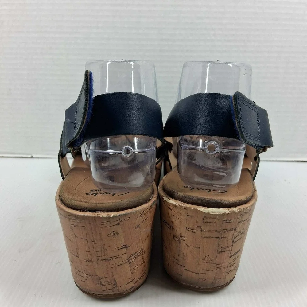Clarks Navy Blue Leather Cork Wedge Platform Sandals Womens 10 Cushion Soft